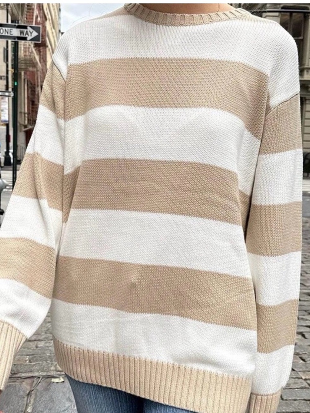 Brandy Melville Cream and Tan Striped Crewneck Sweater